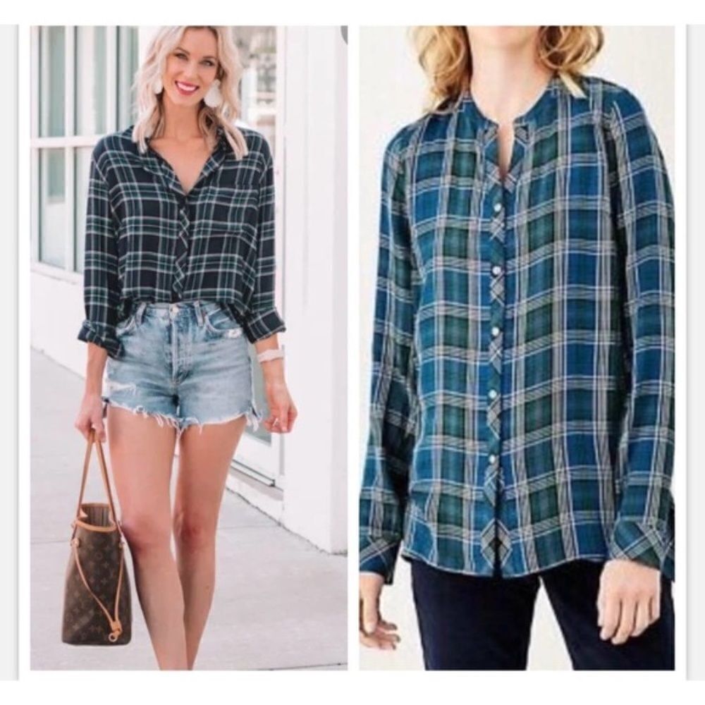J.Jill Dipped Hem Plaid Shirt Button Down Large